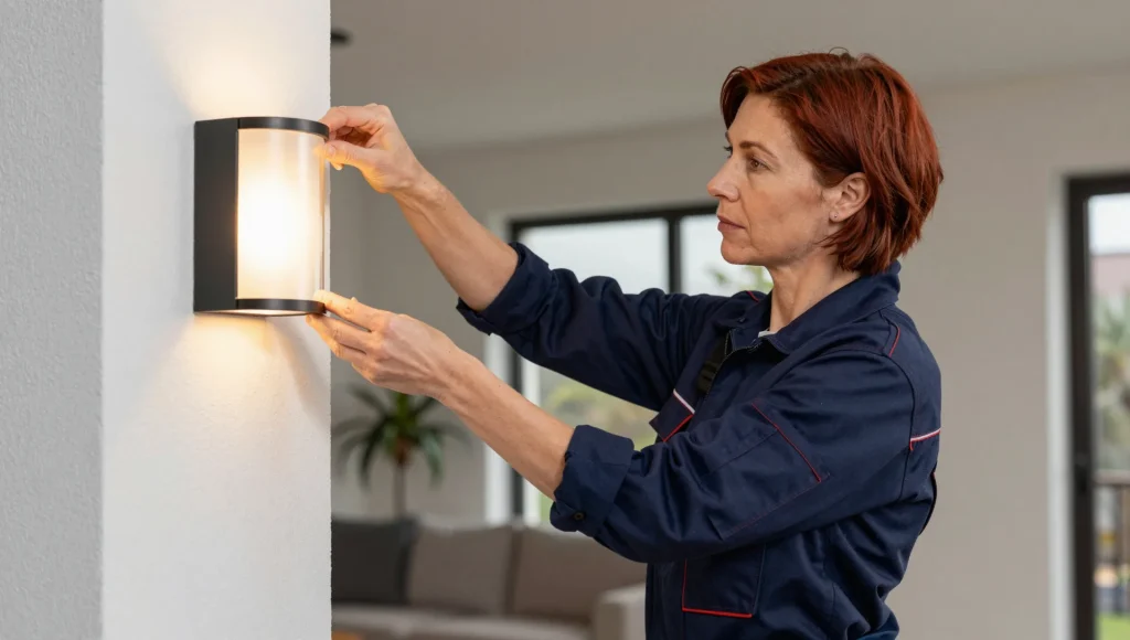 Elektriker schließt eine Außenleuchte am Hauseingang an