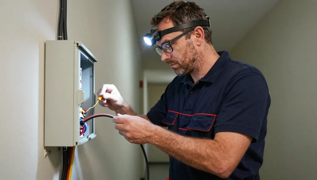 Elektriker misst nach einem Kurzschluss den Stromkreis durch