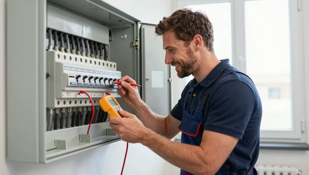 Messung am offenen Sicherungskasten durch eine Elektrofachkraft
