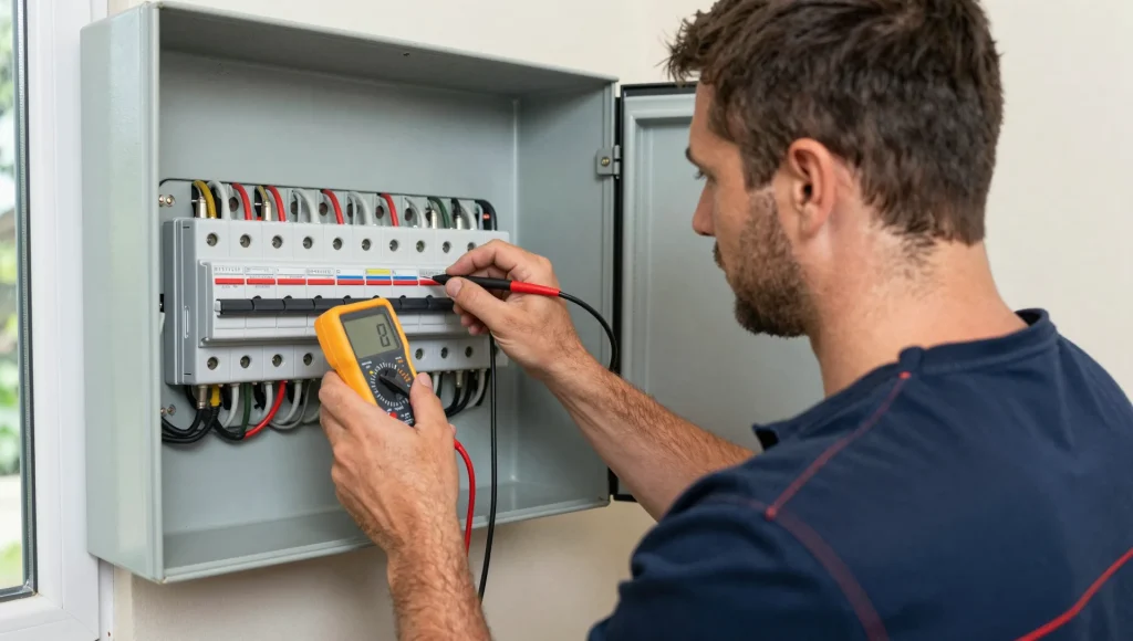 Elektrofachkraft prüft Leitungsschutzschalter im Sicherungskasten
