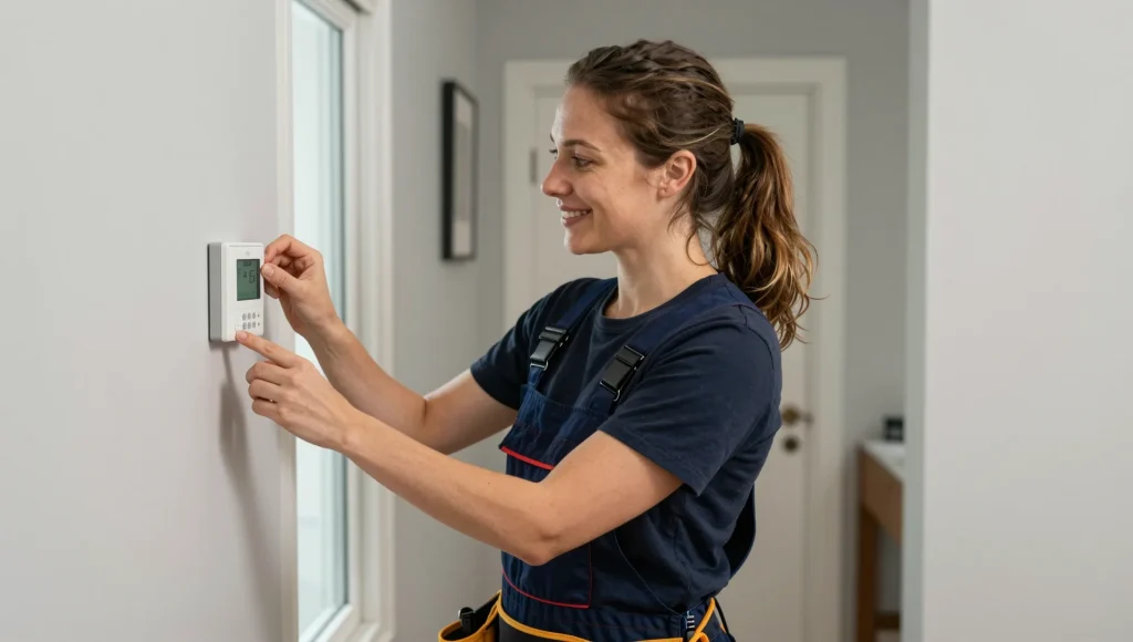 Elektriker programmiert ein smartes Thermostat
