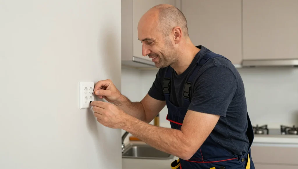Elektriker klemmt eine Steckdose an der Wand an