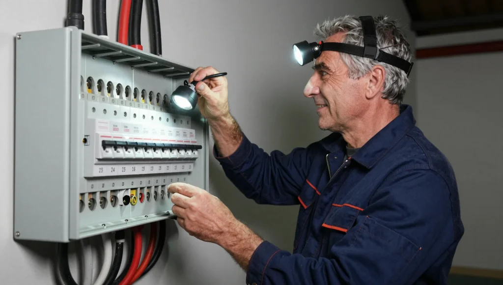 Elektriker prüft den Sicherungskasten nach einem Stromausfall