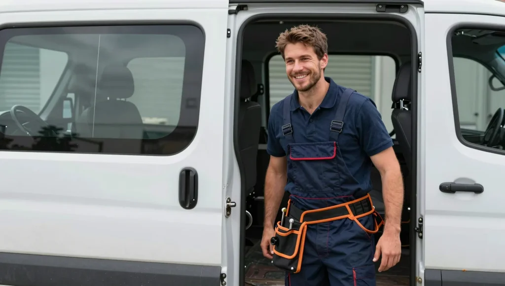 Servicefahrzeug eines Elektrikers vor einem Wohnhaus