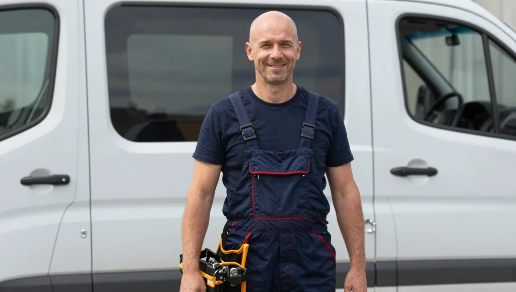 Zwei Elektriker besprechen den Einsatz am Servicefahrzeug
