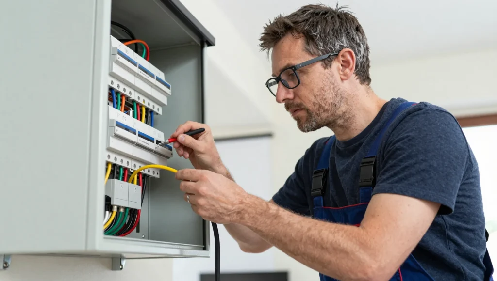 Elektriker verdrahtet einen offenen Verteilerschrank