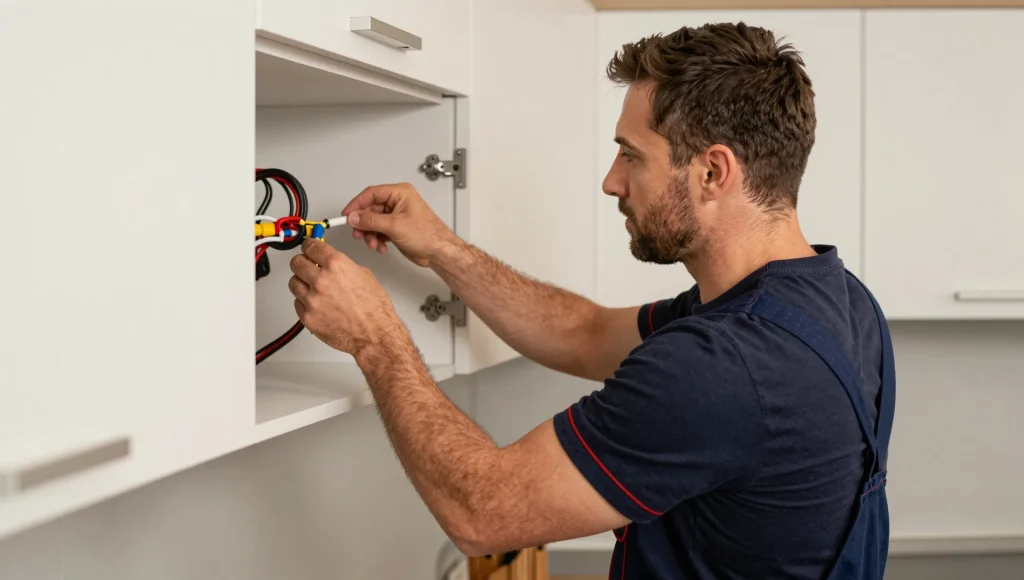 Elektriker begutachtet Leitungsführung in der Wand
