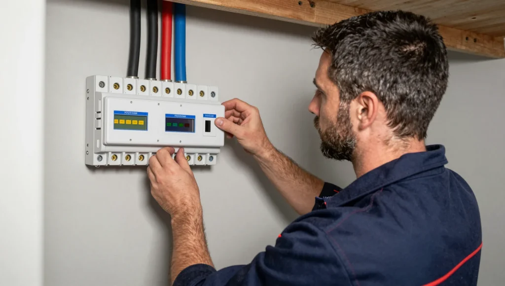 Montage eines neuen Zählerschranks durch eine Elektrofachkraft